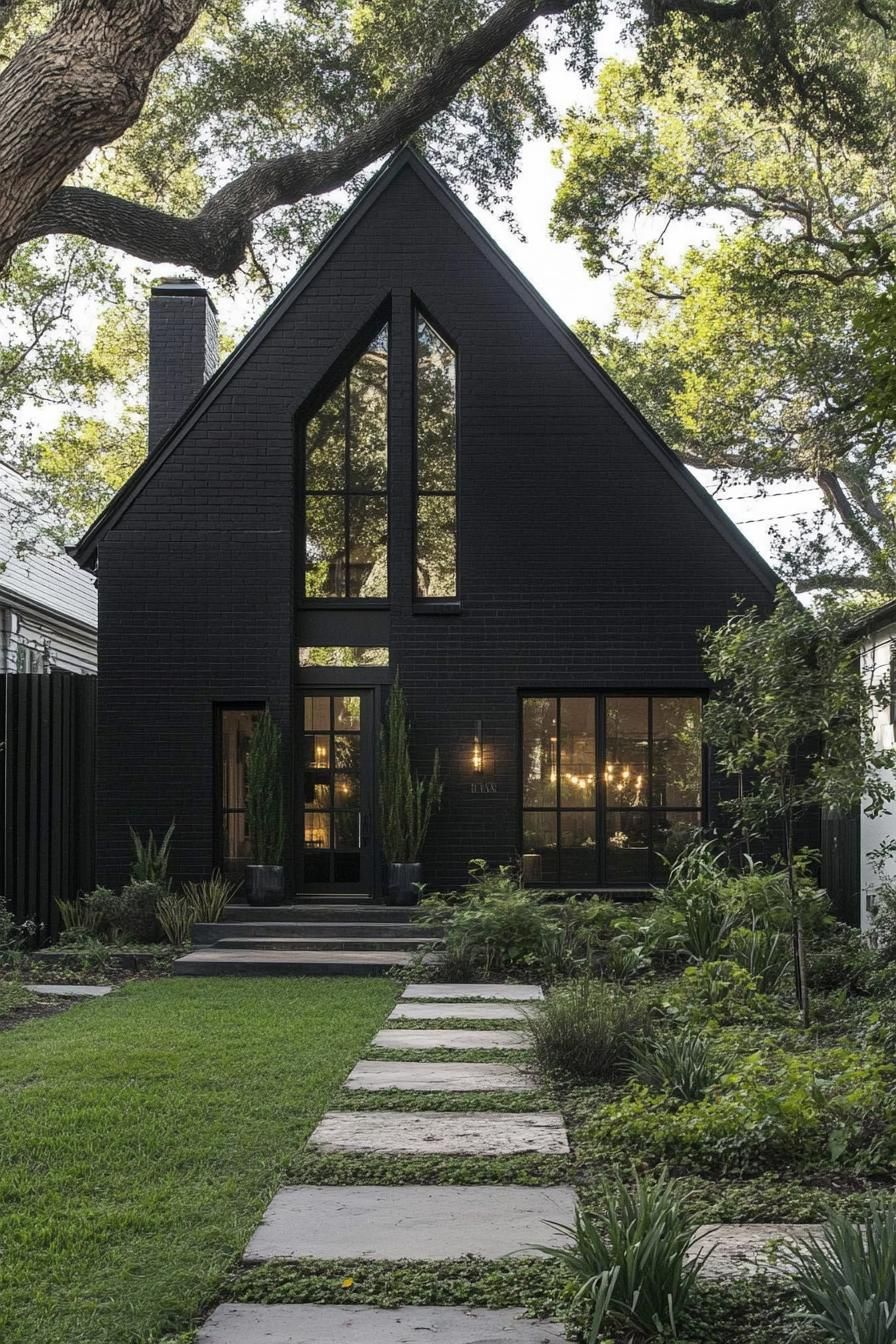 A tall black Gothic-style house with an A-frame roof and large windows