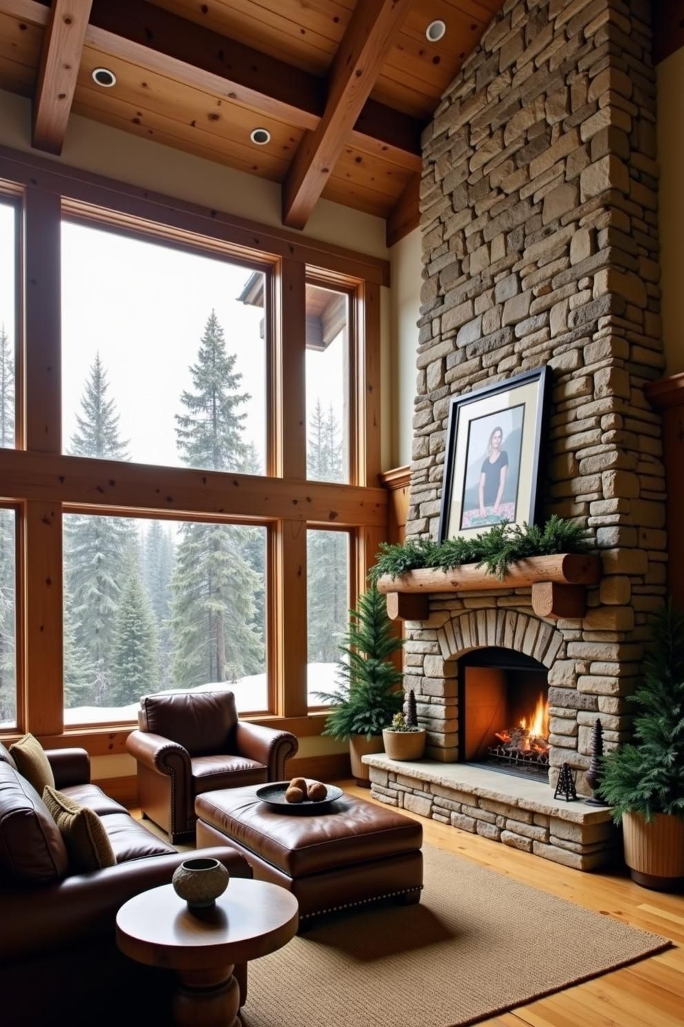 Cozy living room with stone fireplace and large windows