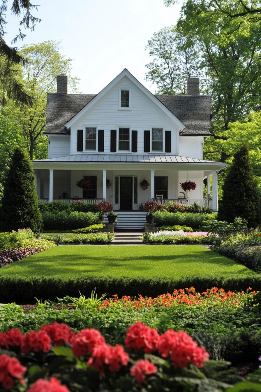 White house with a porch, surrounded by gardens