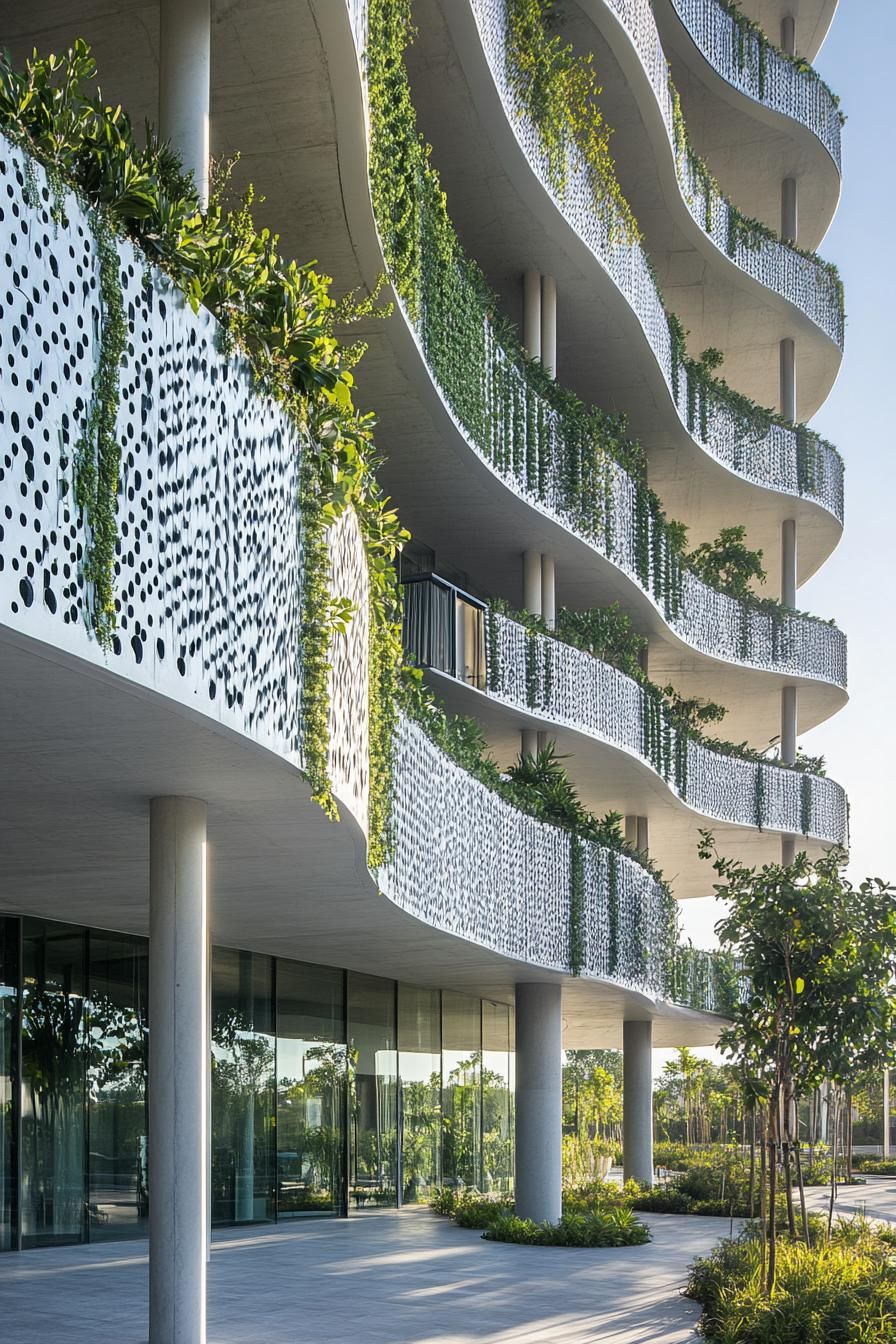 Curved façade with plants and perforated panels