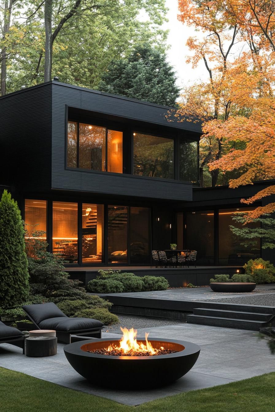 modern villa design in black siding full wall windows large front yard with japanese rend maples lounge area with gas firepit and puffy lounge 3