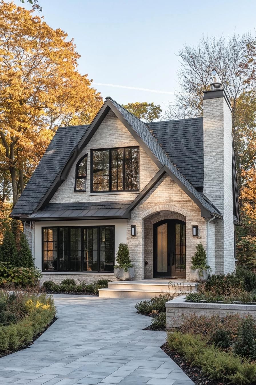 contemporary cottage style house with multi pitch roof chimney limestone brick siding arched modern windows arched front door large tile paved