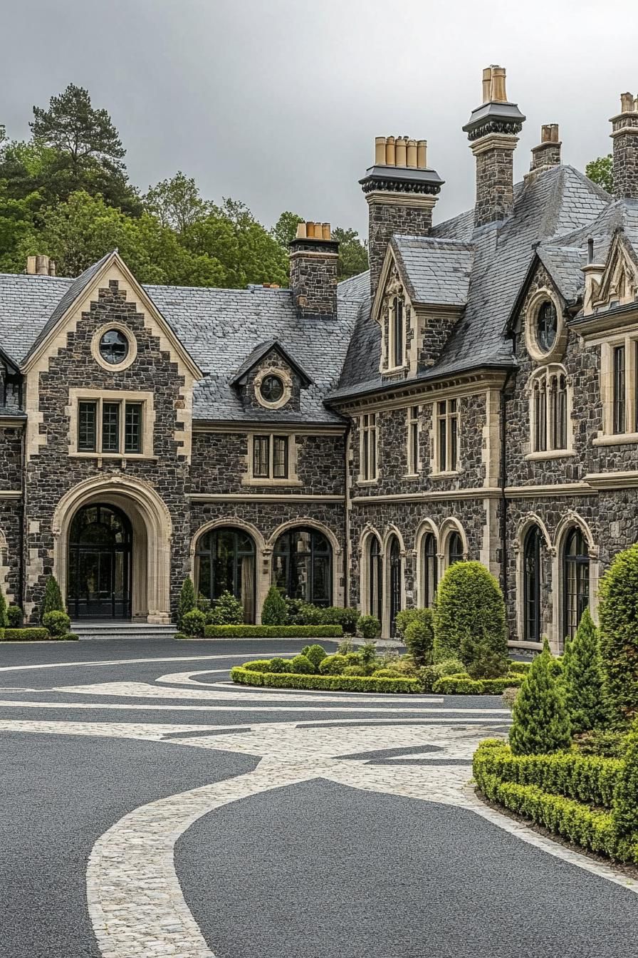 Elegant stone mansion with multiple chimneys and arched windows