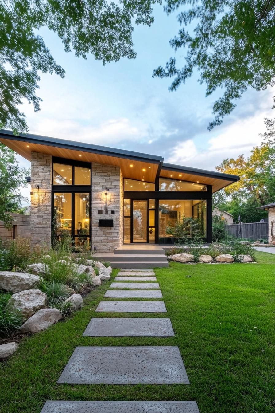 Modern ranch house with stone exterior and large windows