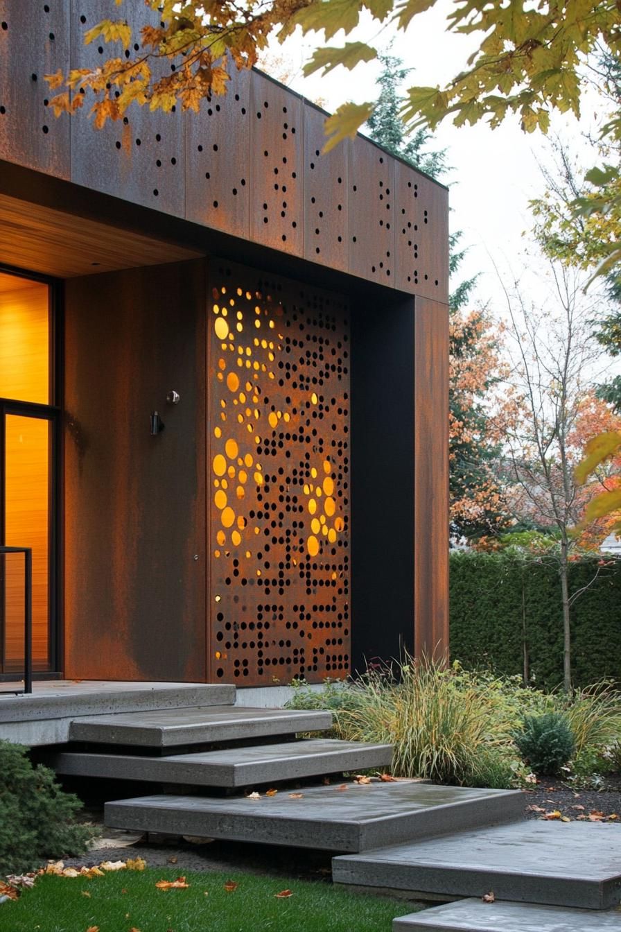 modern house geometric facade with rusted metal perforated panel accent wall