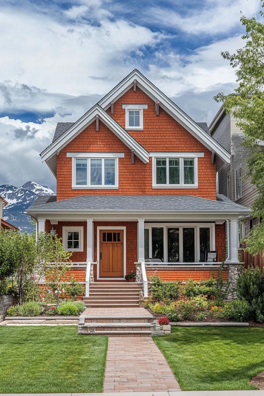 Red coastal house with lush garden and mountain backdrop