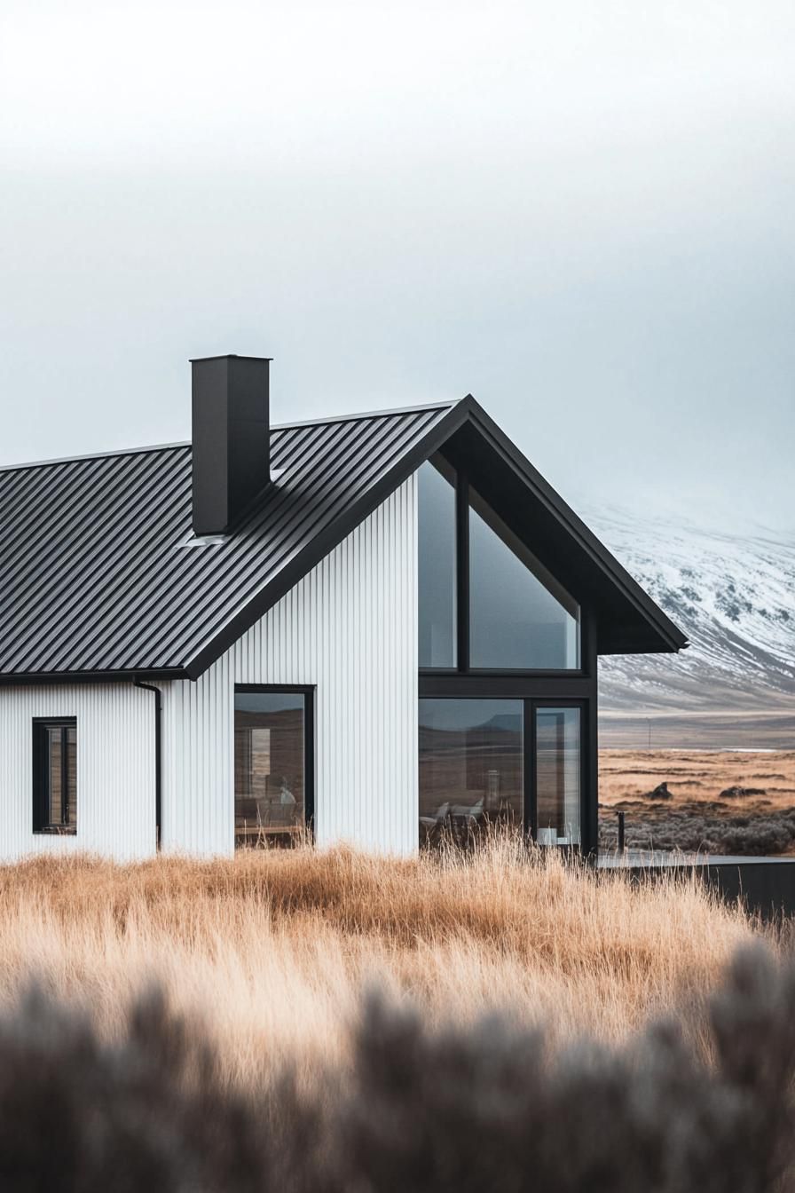 high angle view of a modern house with gable roof with chimney black and white siding Icelandic landscape 1