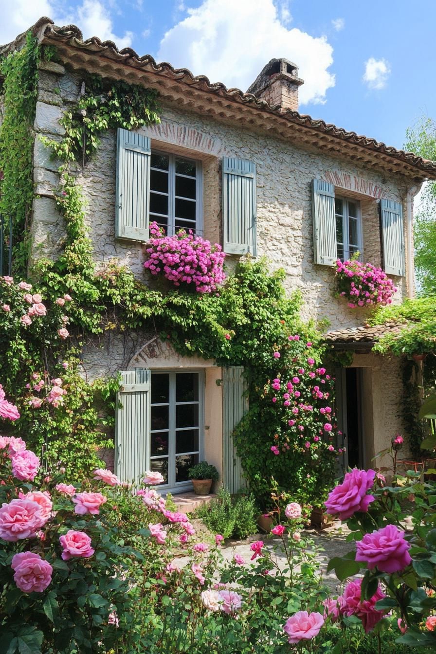 two story countryside house with modern shutter windows lush flower garden with blooming roses in front 1