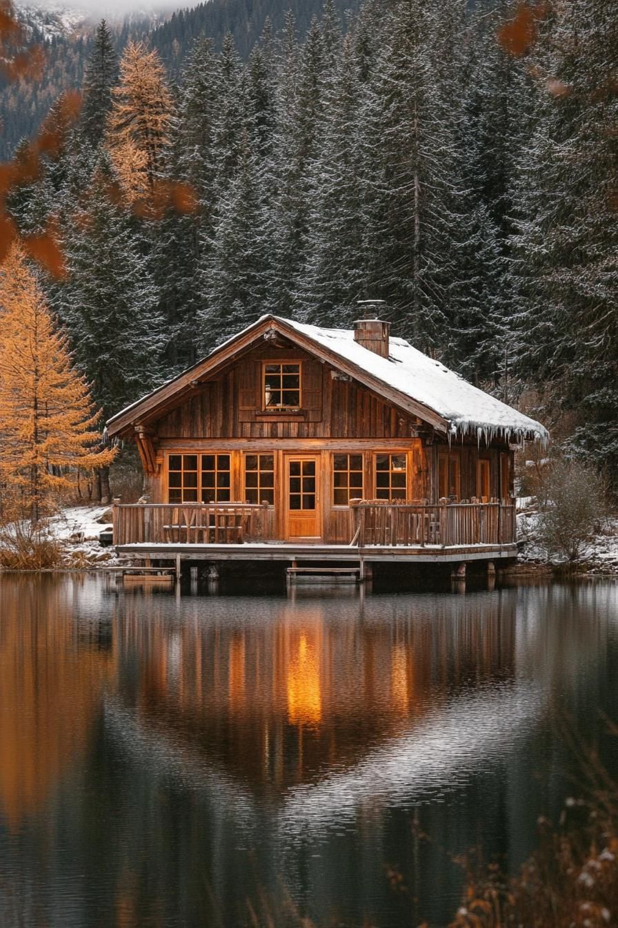 Cabin by a snowy lake reflecting warm lights