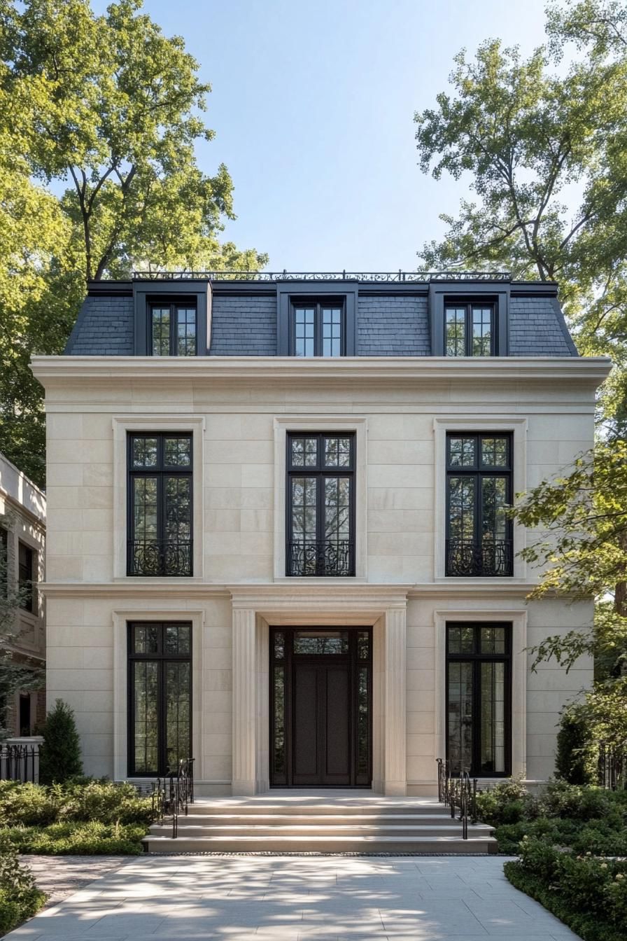 Elegant townhouse with tall black-framed windows and a grand entrance