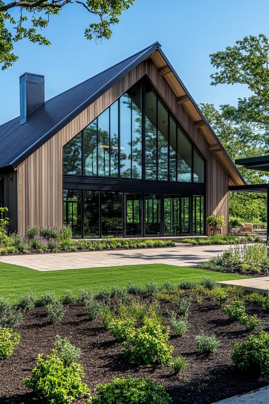 Stunning A-frame barndominium with large glass windows and wooden panels