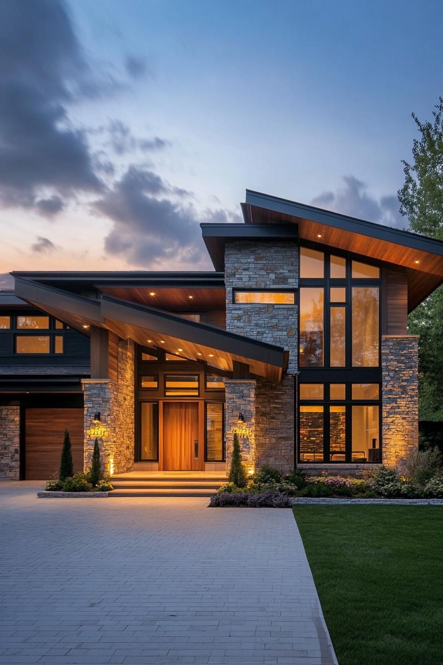 Contemporary home with angled roofs and stone facade at dusk