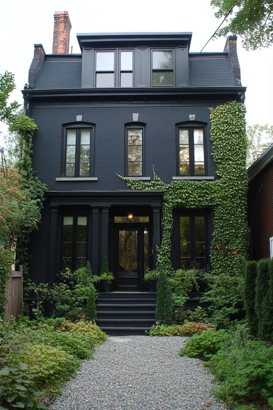 Black house with green ivy and lush garden