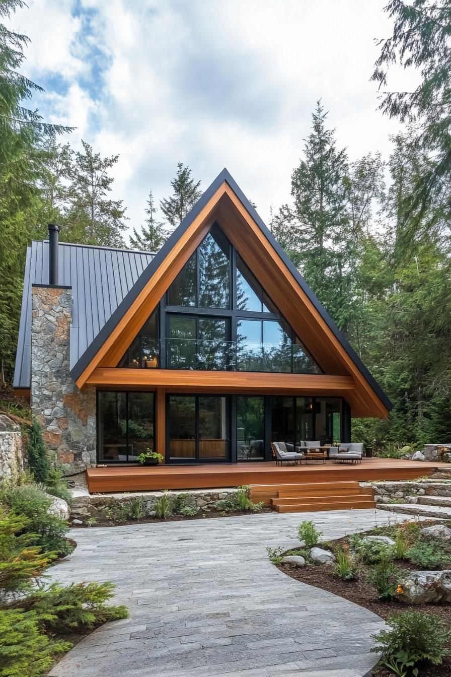 Cozy cabin with glass front nestled in the woods