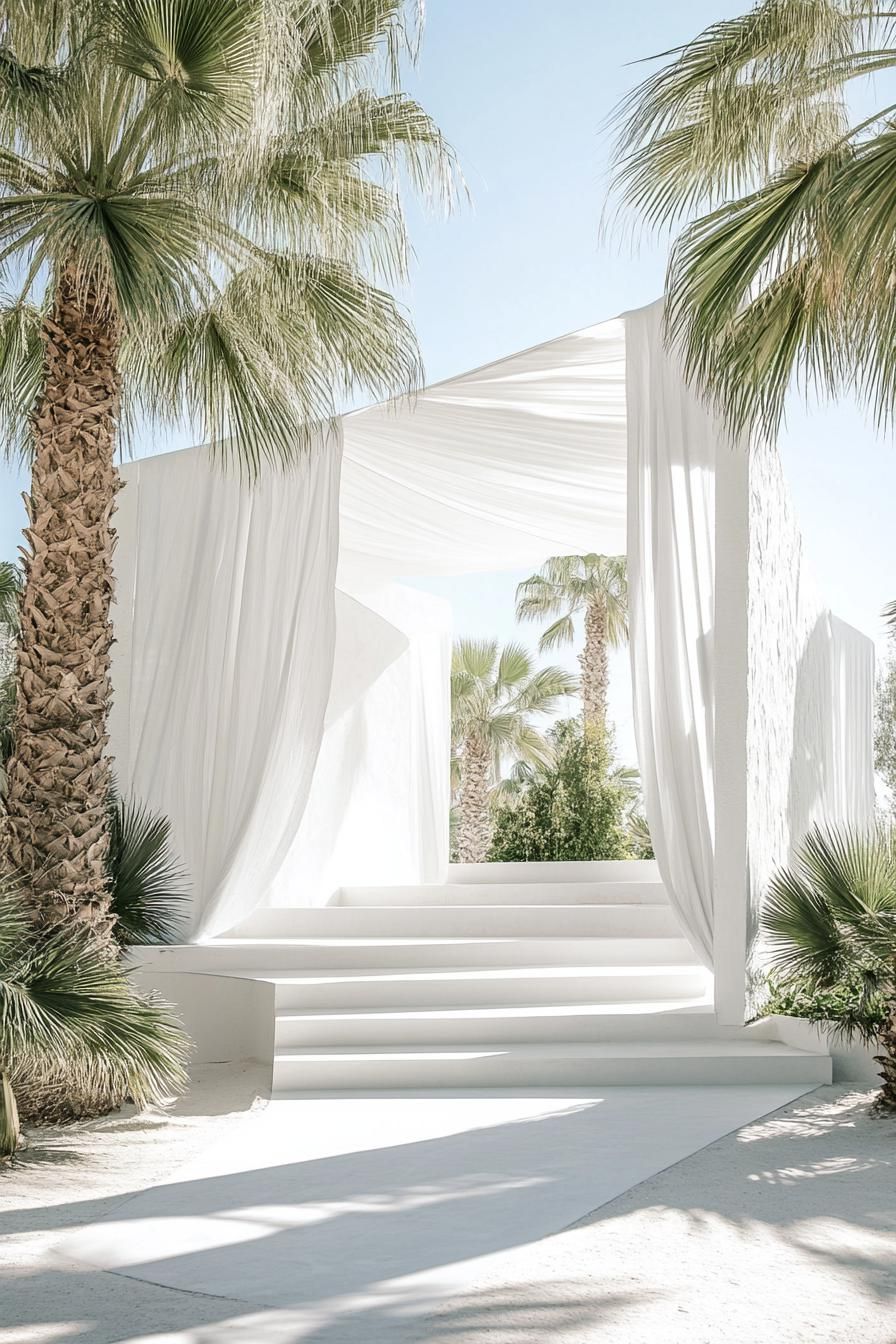 white geometric pavillion in the desert with palms dreamscape design 2