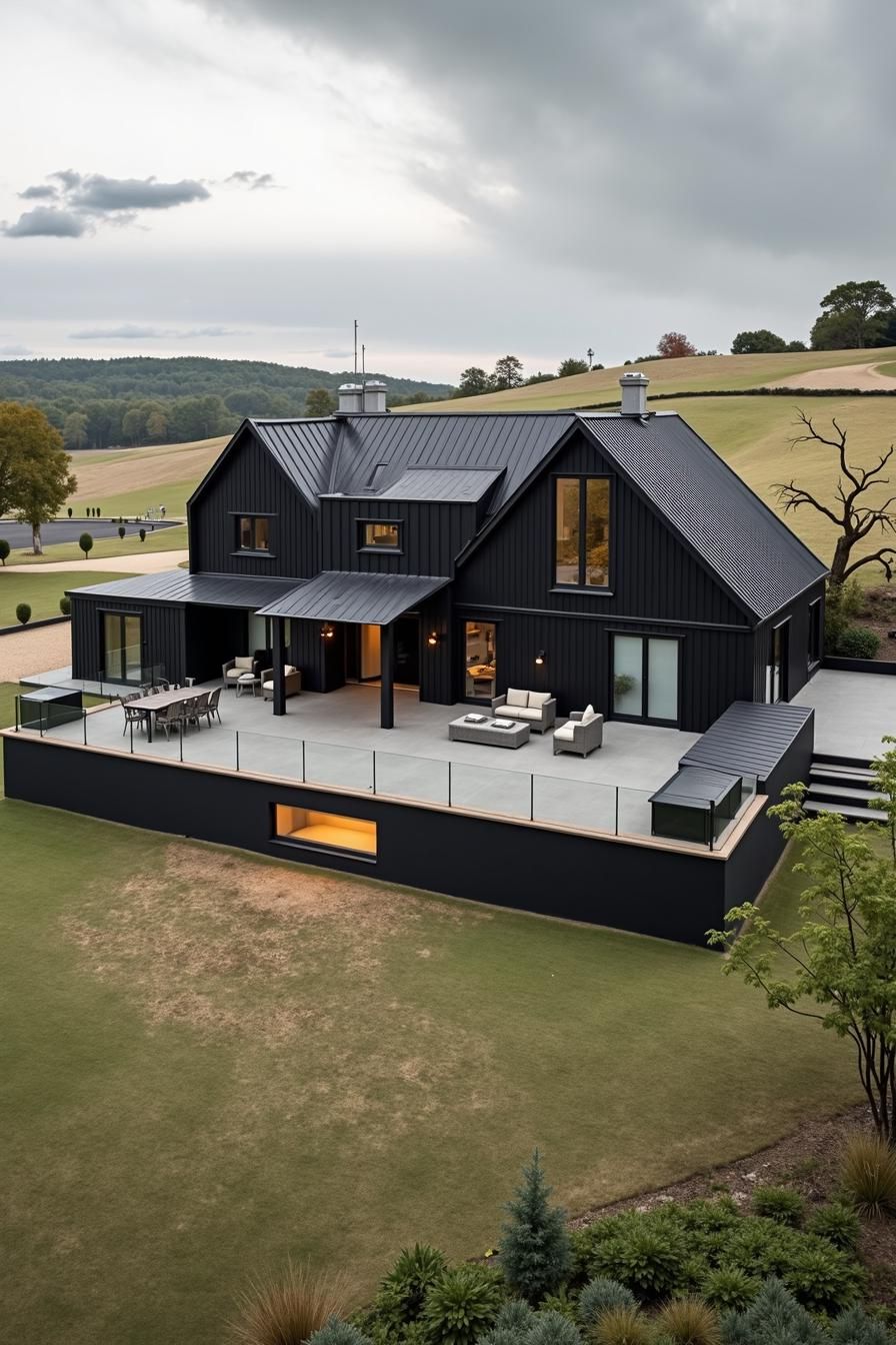 Sleek black house with large patio and expansive lawn