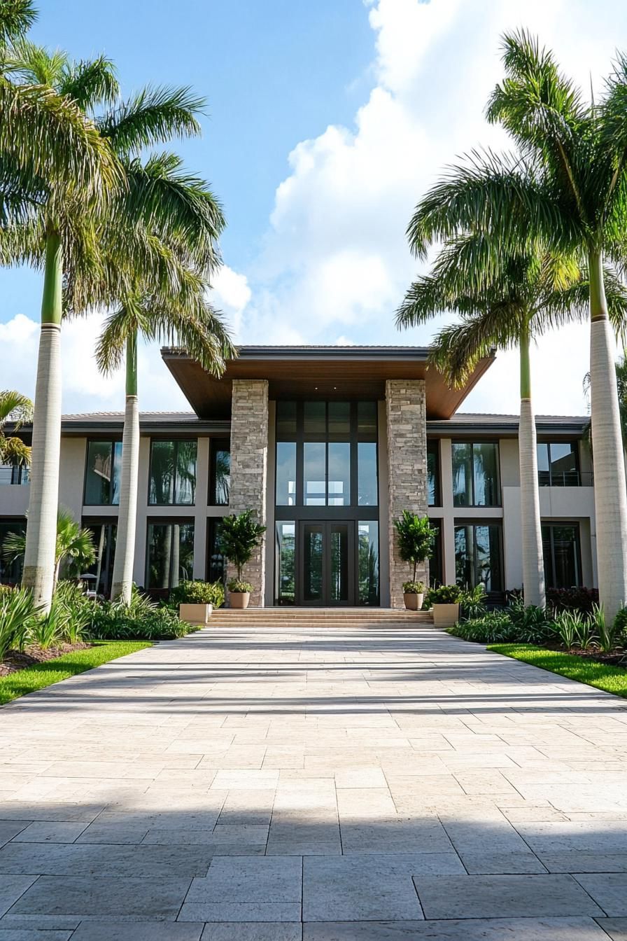 Modern concrete mansion framed by tall palm trees