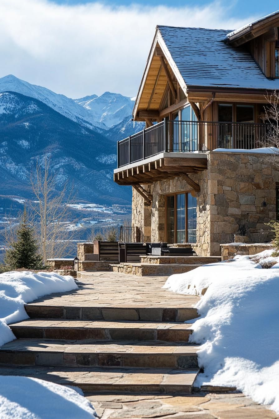 Stone house with snowy mountain backdrop