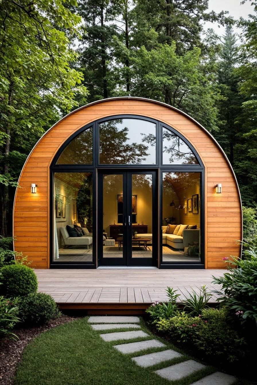 Wooden Quonset hut with glass doors in the forest