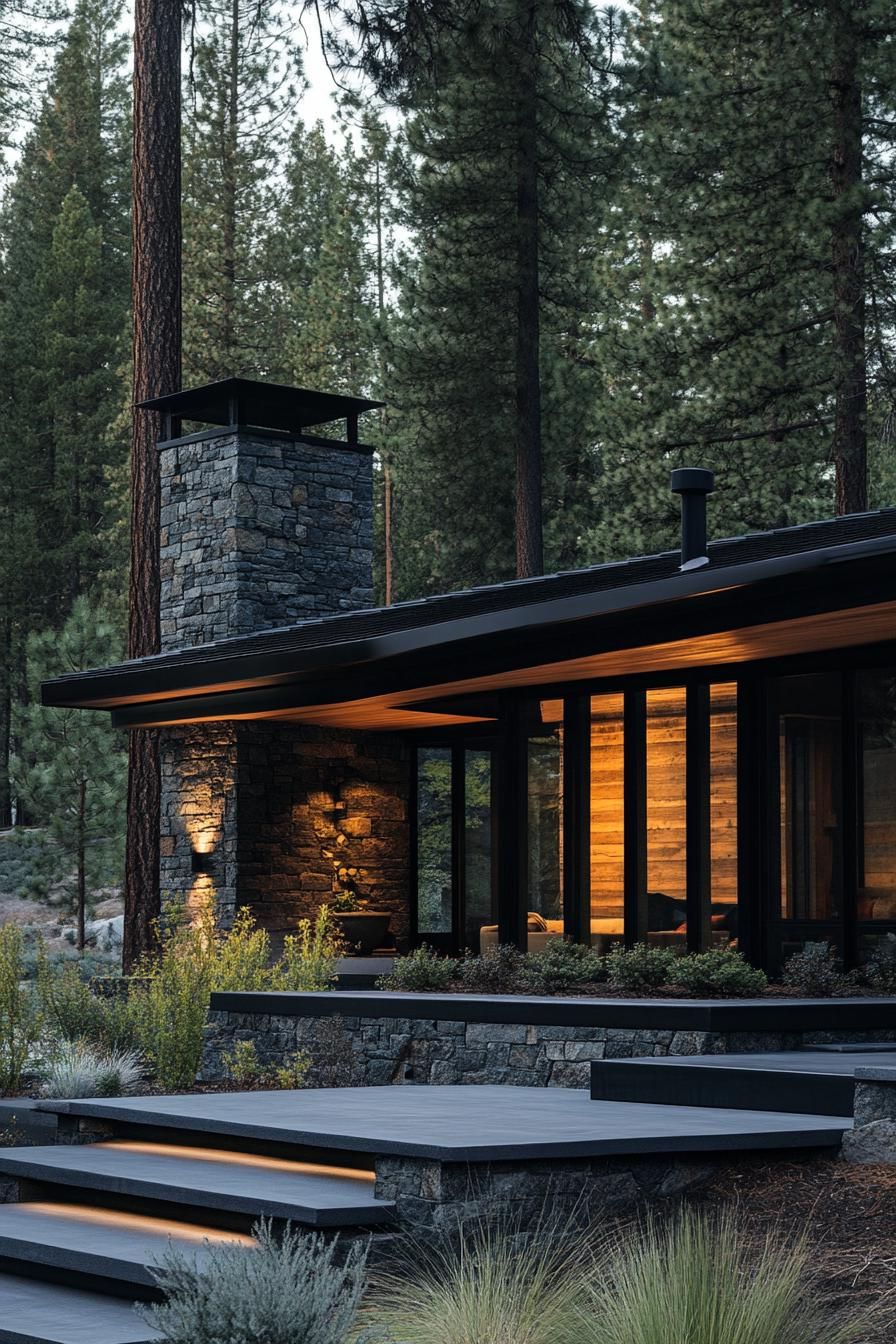 contemporary single story house exterior in dark stone and walnut wood siding black metal frame geometric roof modern windows concrete porch 3