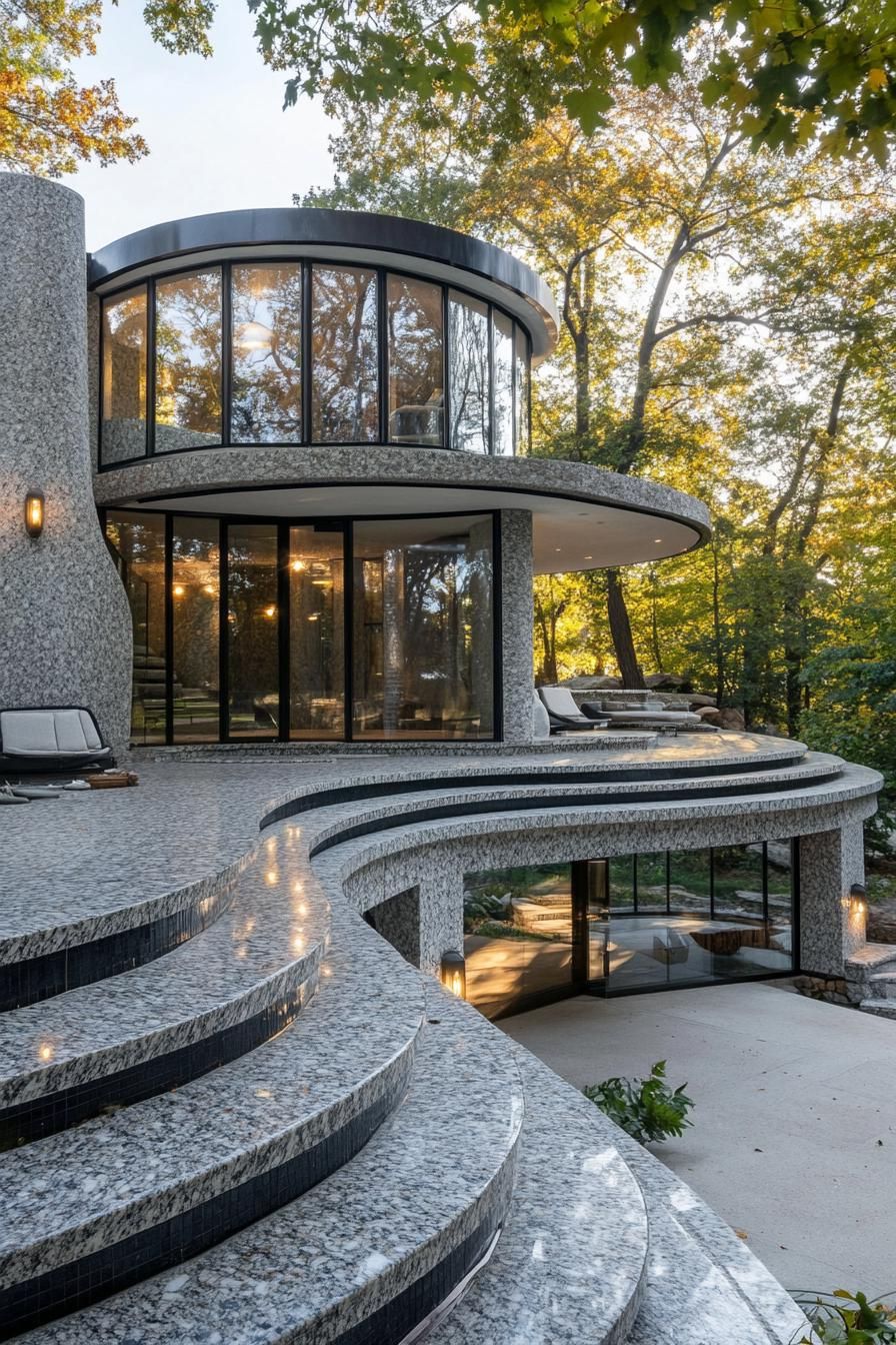 art deco curved grey granite house with indoor outdoor transition stairs leading to the upper floor with full wall glass downstairs living area with 1