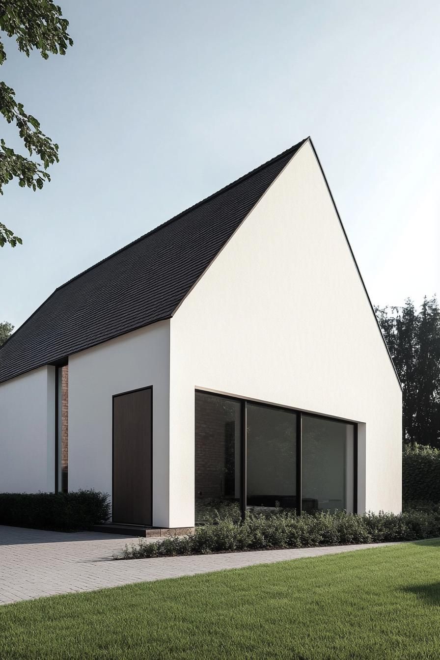 Modern house with sleek white facade and sharp gable roof