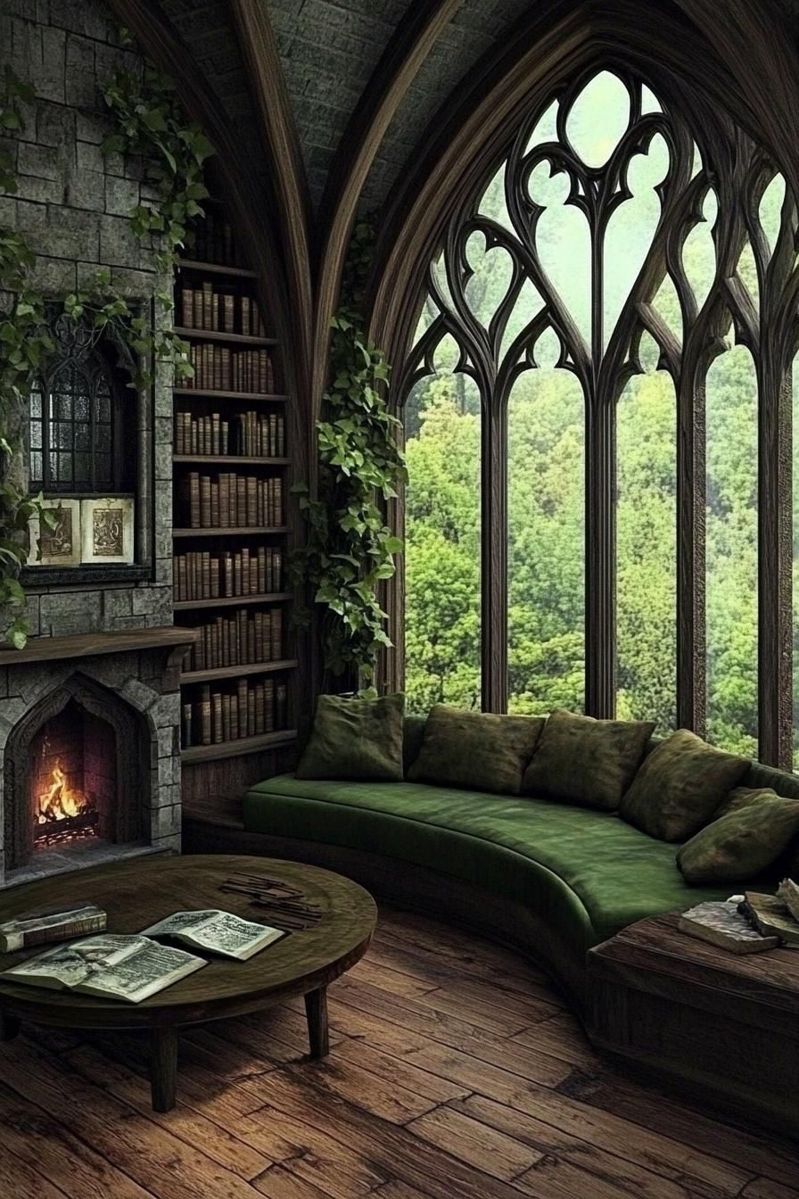 Cozy room with gothic windows and fireplace