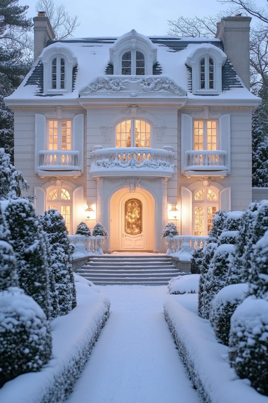 front view of a French mansion with white siding snow on roof with dormers white windows with molding and embellishments balcony with white ornate 3