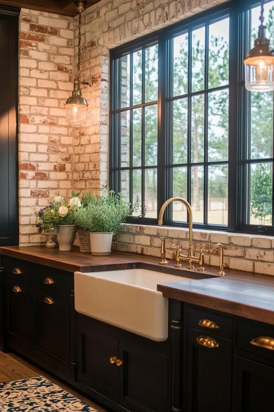 Cozy kitchen with brick walls and wooden counters