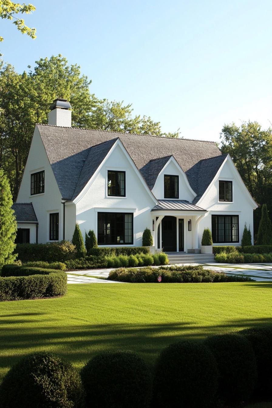 modern large white cottage house with white multi pitched roof with gables modern black windows white doors front yard with geometric shrub 2