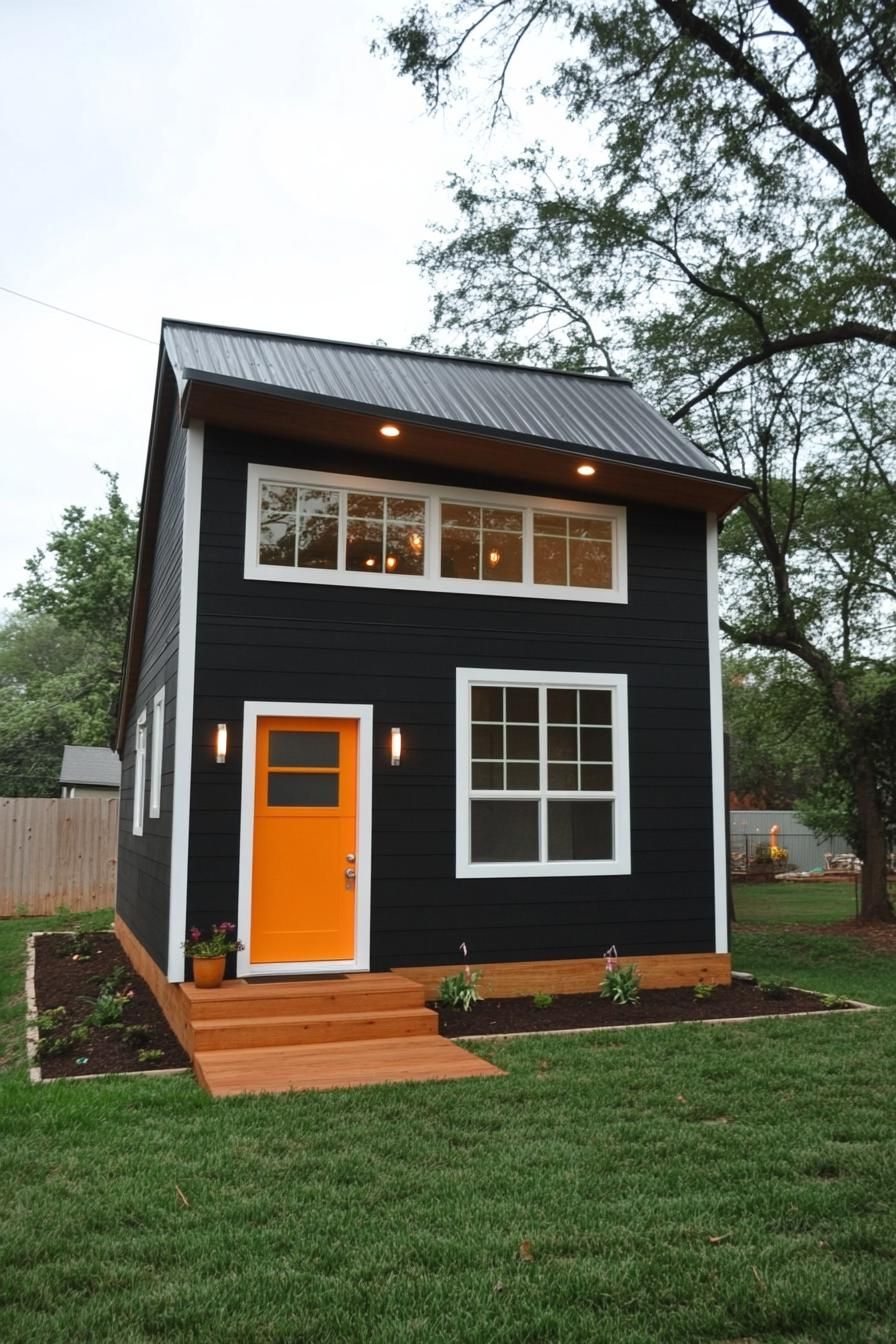 Dark two-story shed house with a bright orange door and rectangular windows