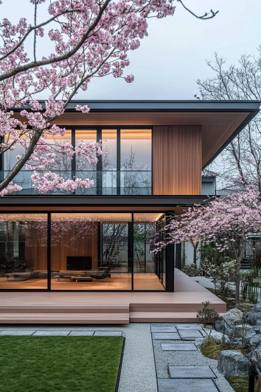 Modern minimalist house surrounded by blossoming cherry trees