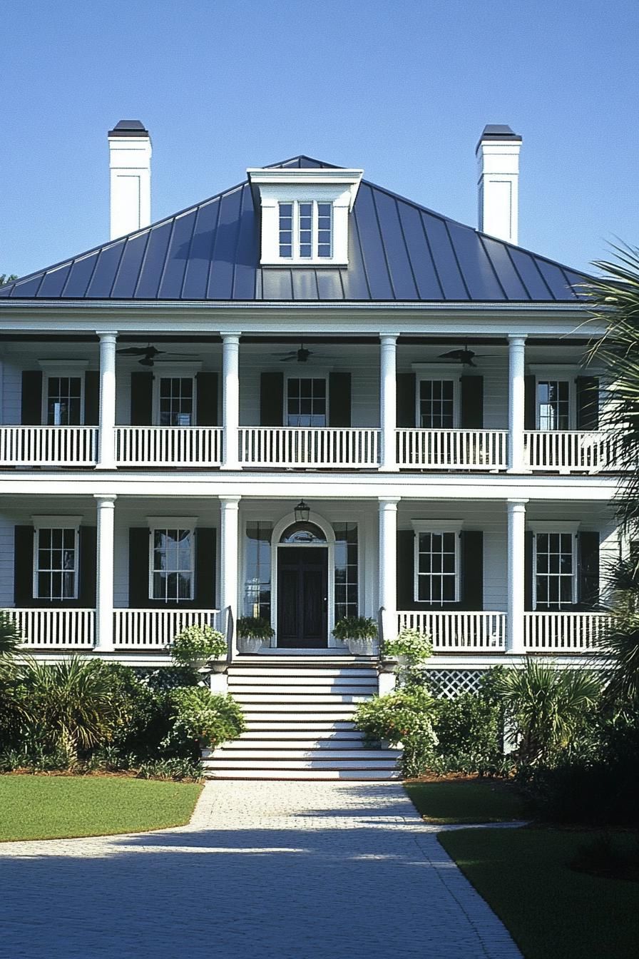 Elegant two-story colonial house with a wide porch and manicured greenery