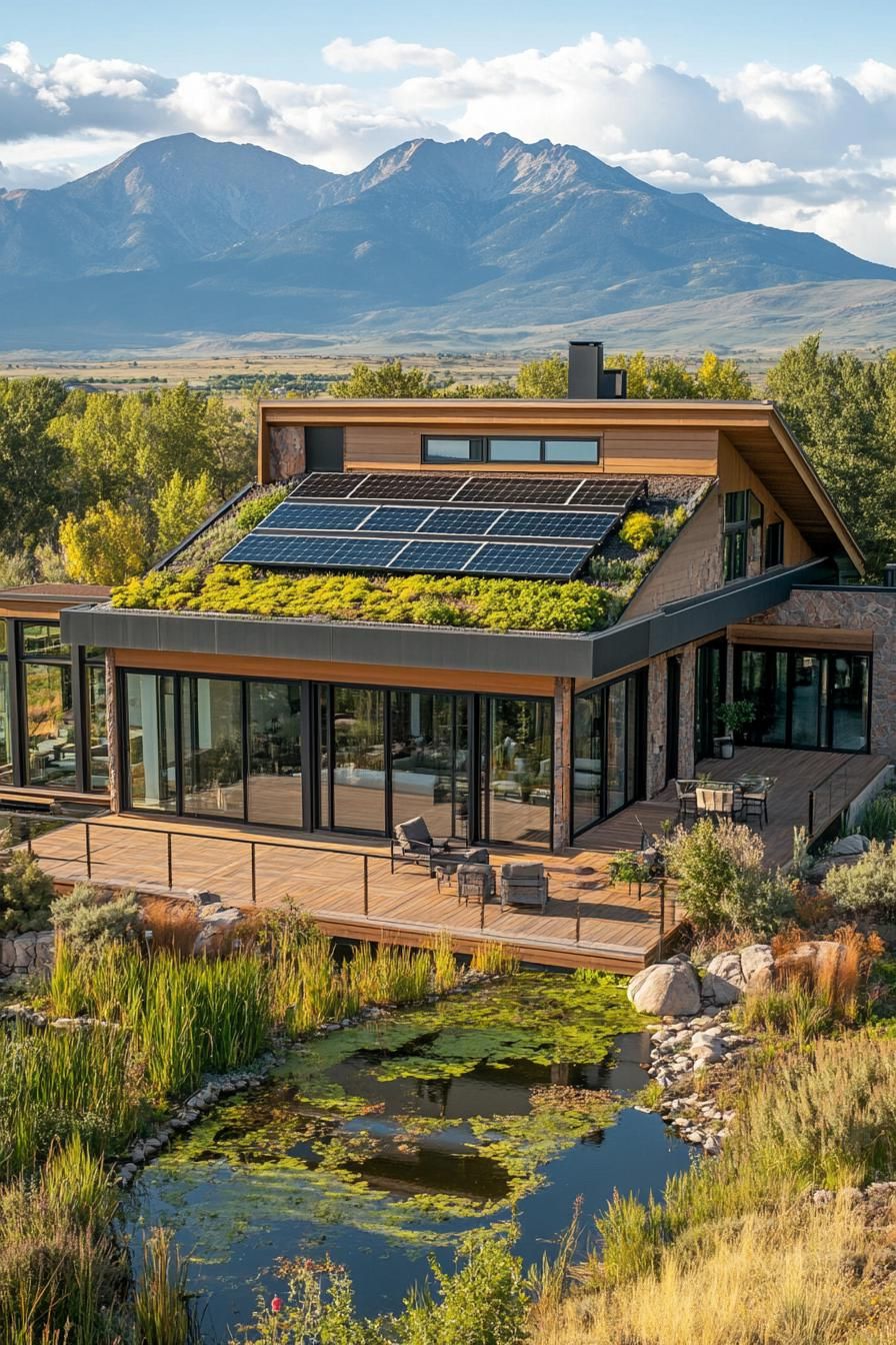 aerial view of a modern sustainable house with gabled green living roof with solar panels full wall windows large deck with built in gardens pond 1