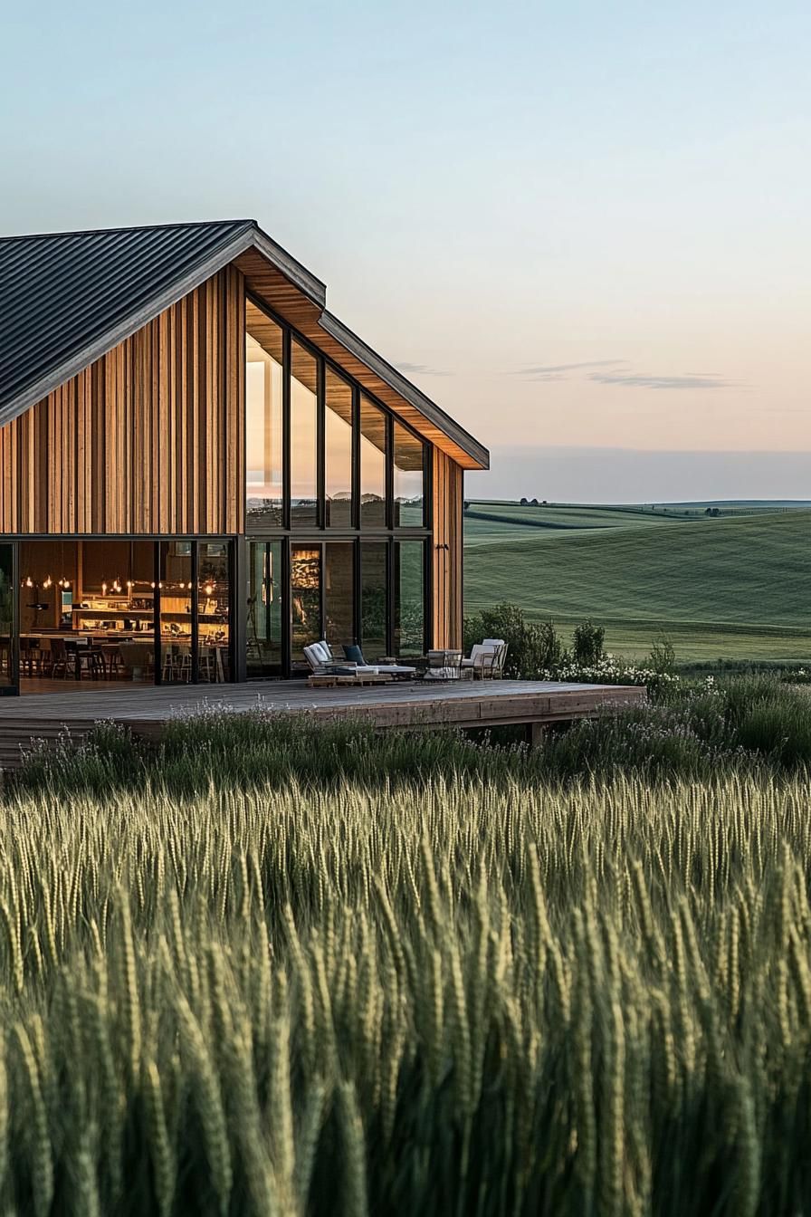 Barndominium with wood and glass facade in a green field