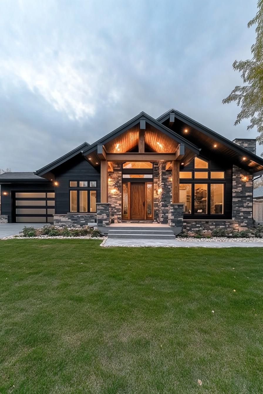 Modern ranch-style house with stone facade and large windows