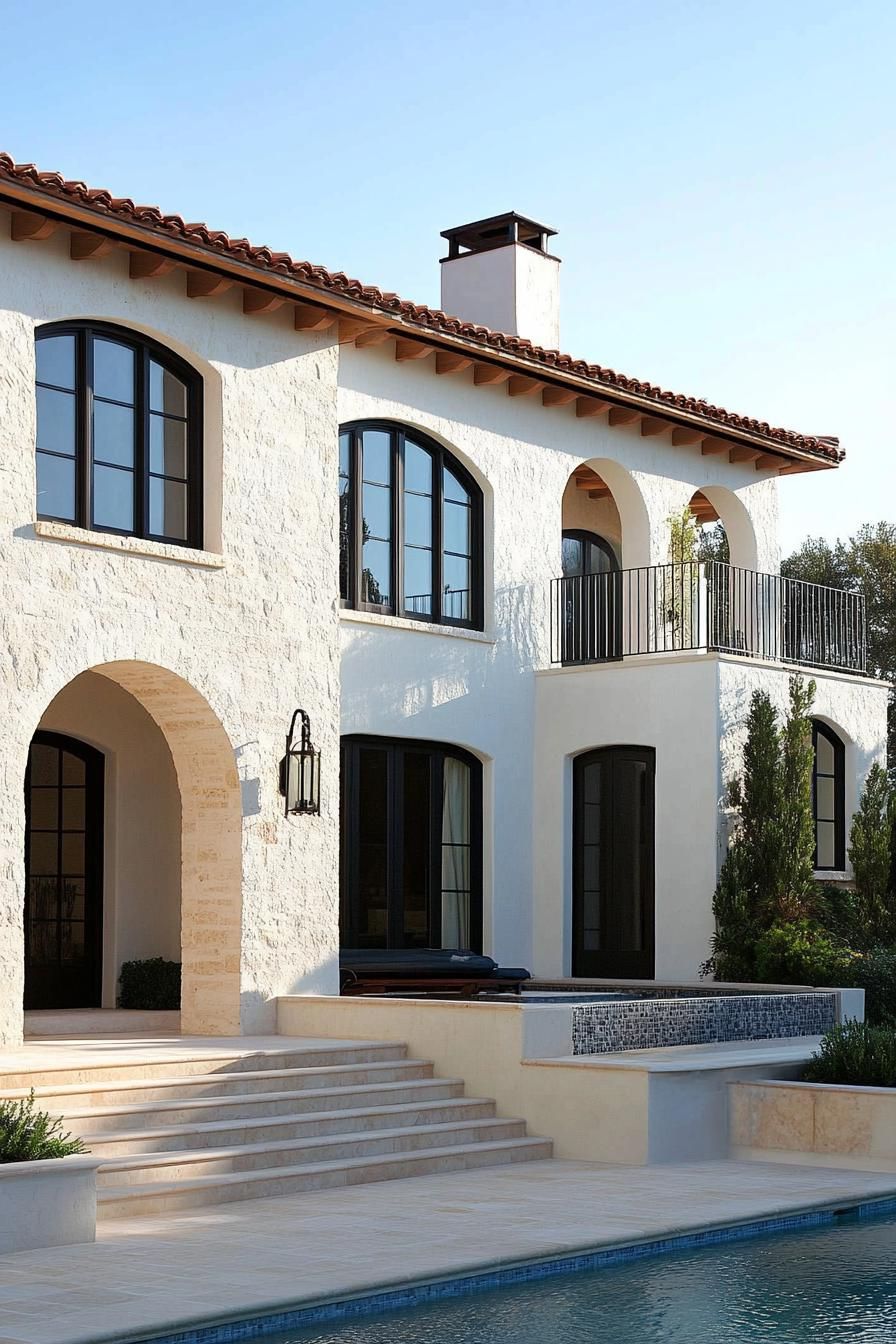 Elegant Mediterranean home with arched windows and a terrace