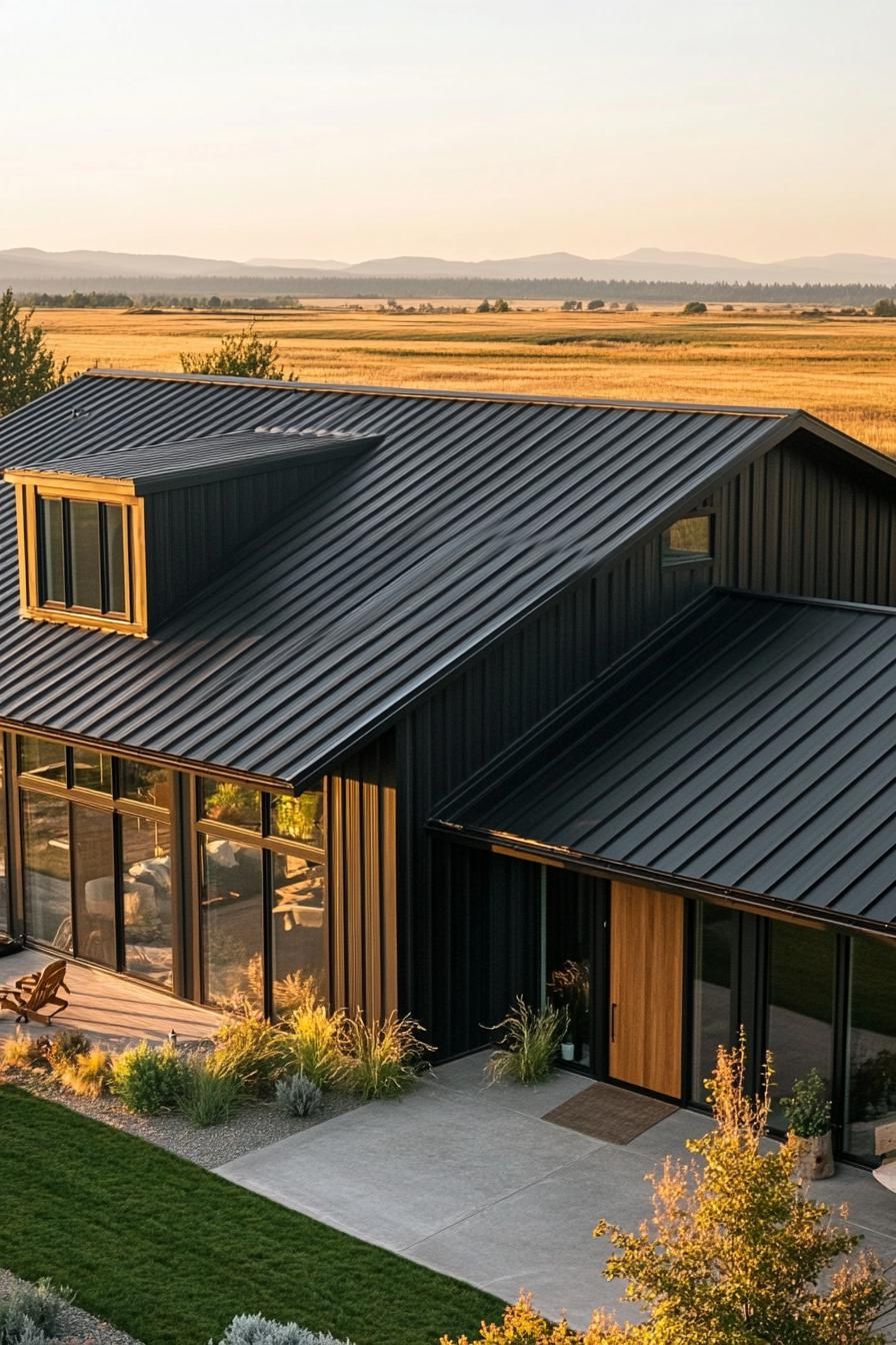 Ranch-style home with dark metal roof and large windows