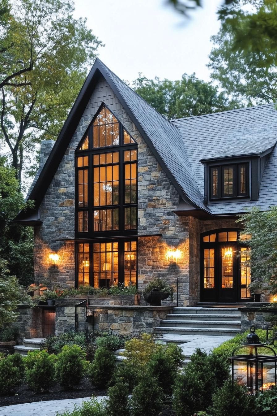 Cozy stone cottage with large windows surrounded by greenery