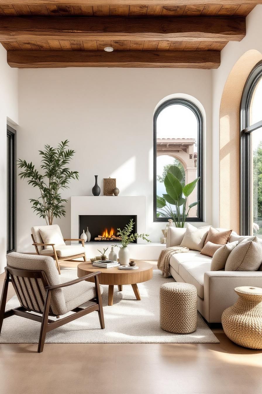 Contemporary Spanish interior with large windows and a cozy seating area