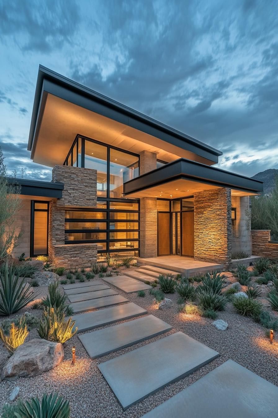 Modern house with stone and glass exterior at dusk