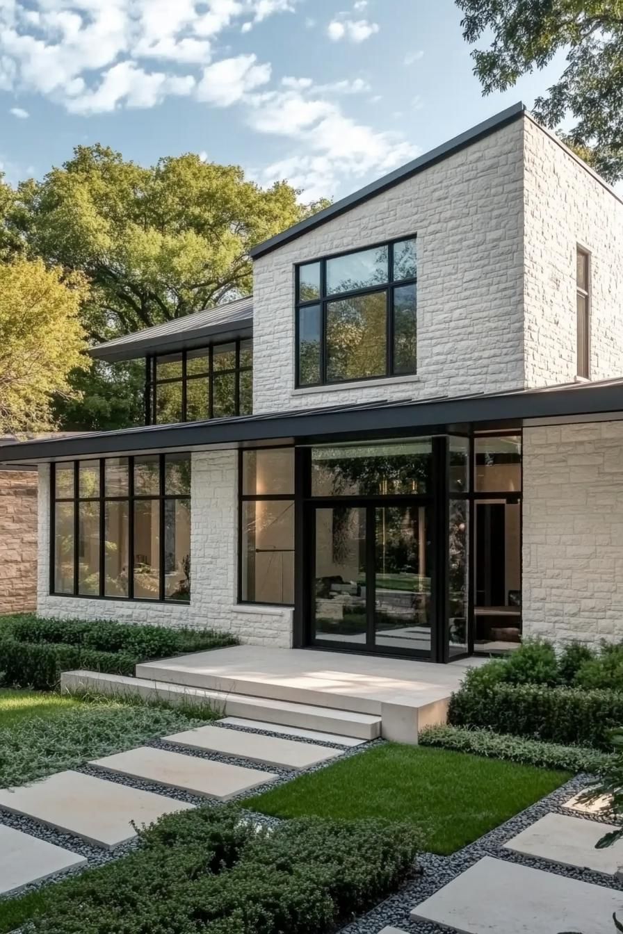 Sleek stone house with large black-framed windows and lush greenery