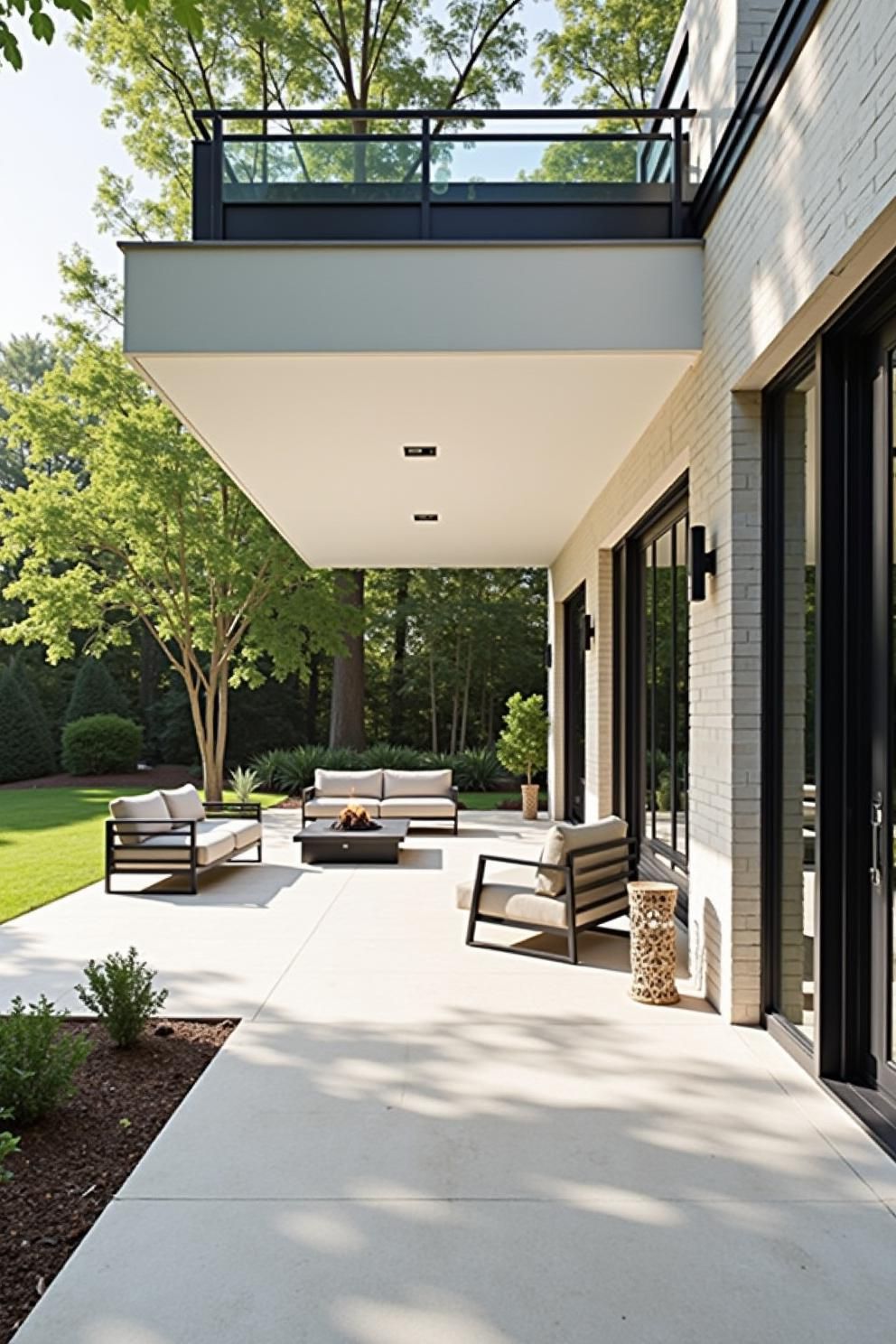 Sunny patio with outdoor seating and fire pit