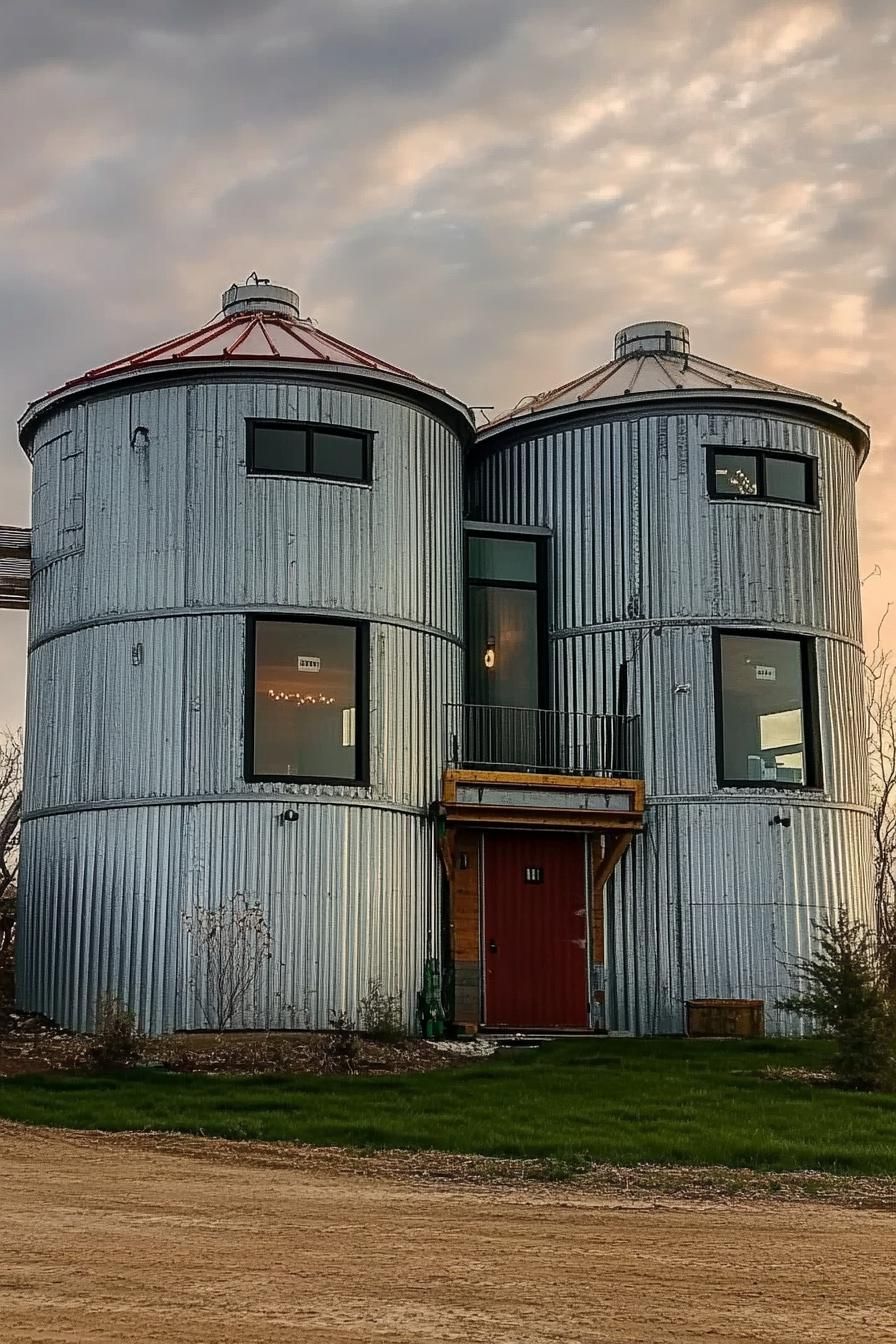 house made of two large grain silos connected with shipping containers the house has modern windows scenic farmland landscape 1