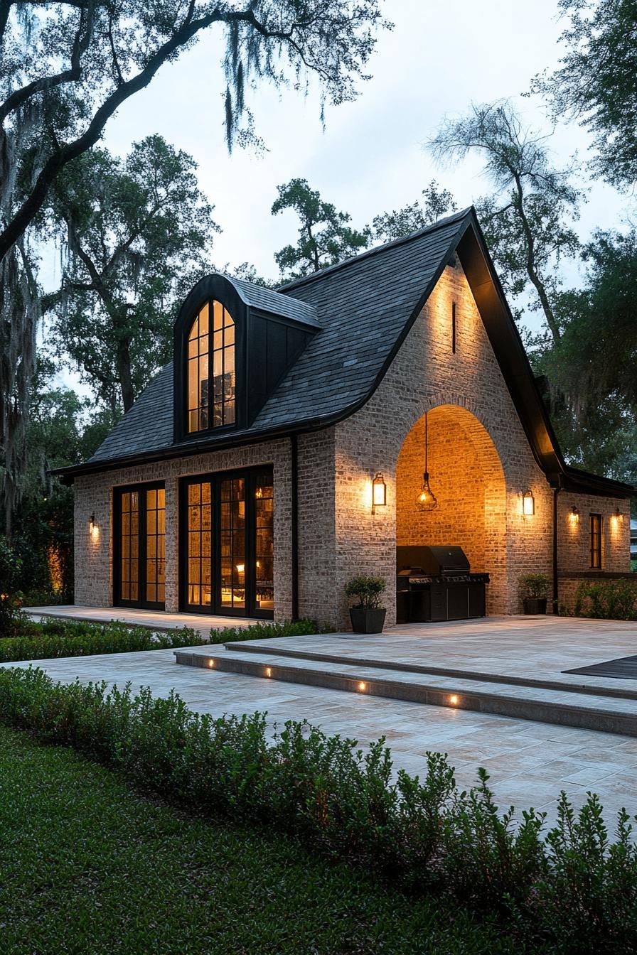 contemporary french cottage style house with multiple pitch roof chimnay limestone brick siding arched modern windows with detailing arched front 3