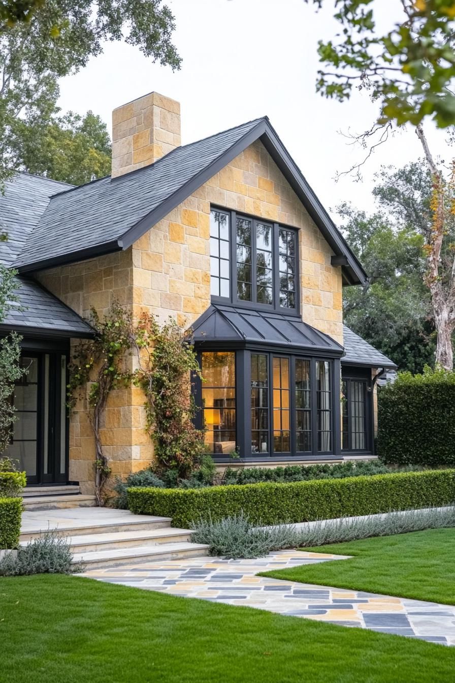 Stone house with large black-framed windows and lush greenery