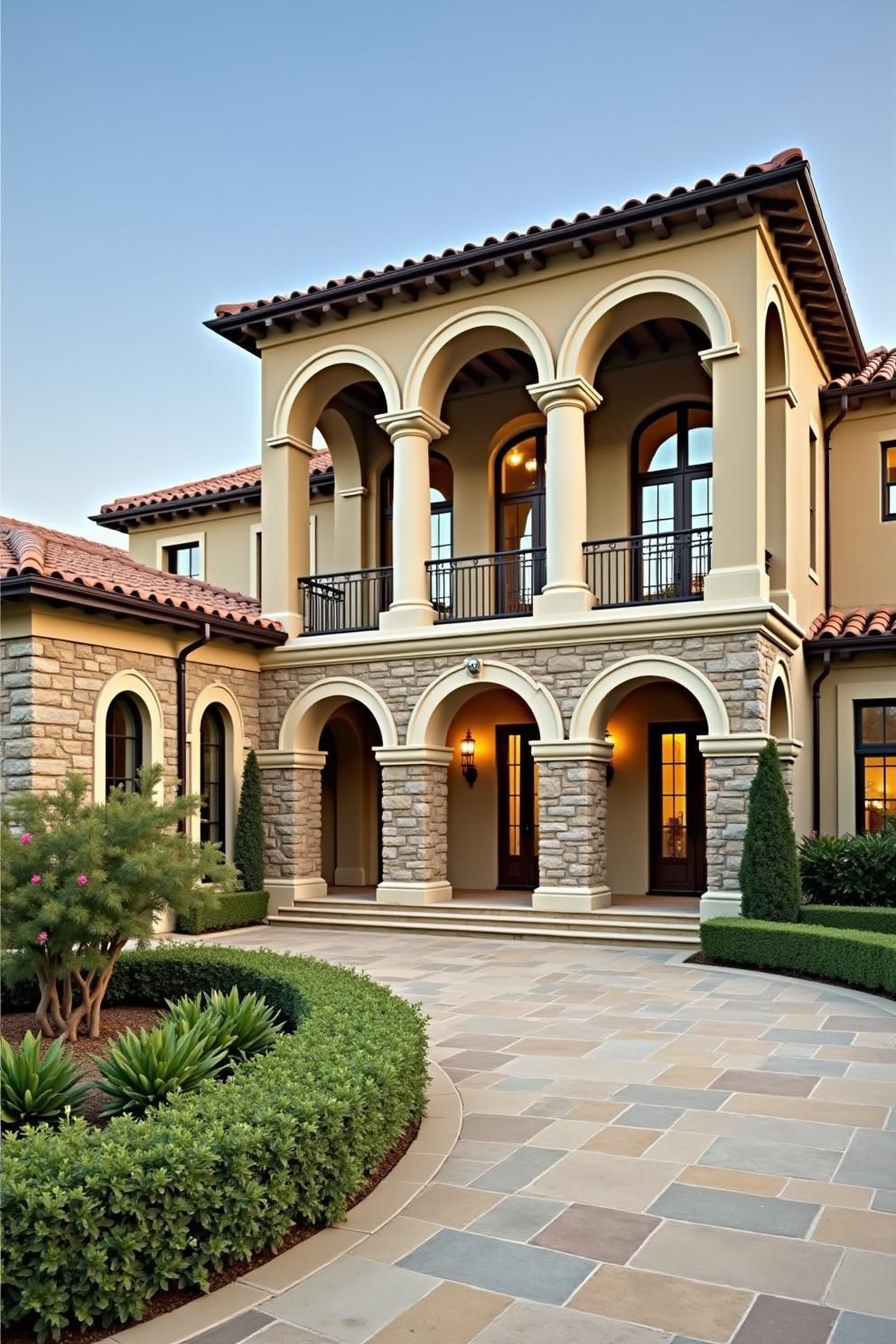 Elegant arches of a Tuscan villa with stone accents