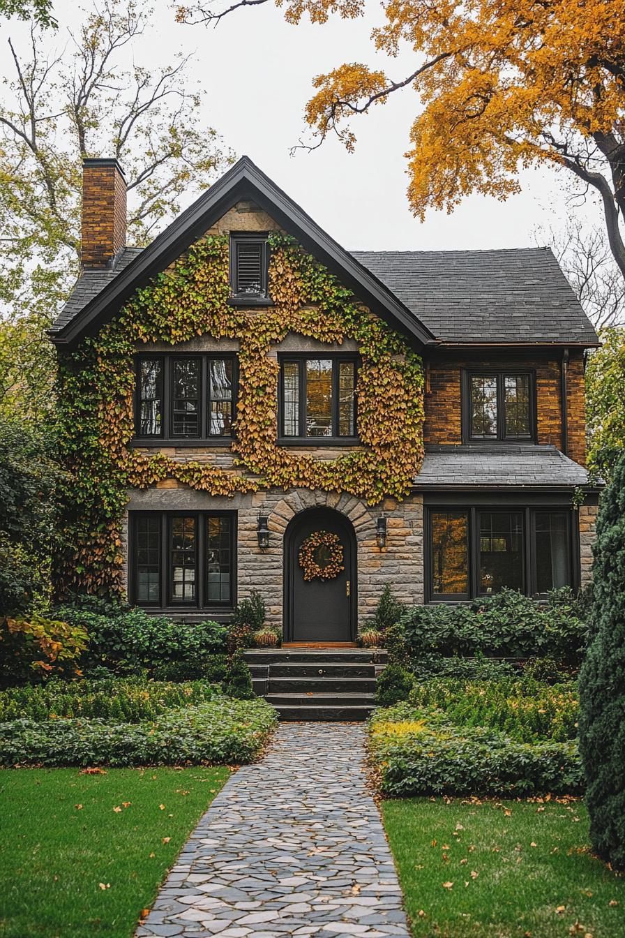 Quaint stone house adorned with fall ivy