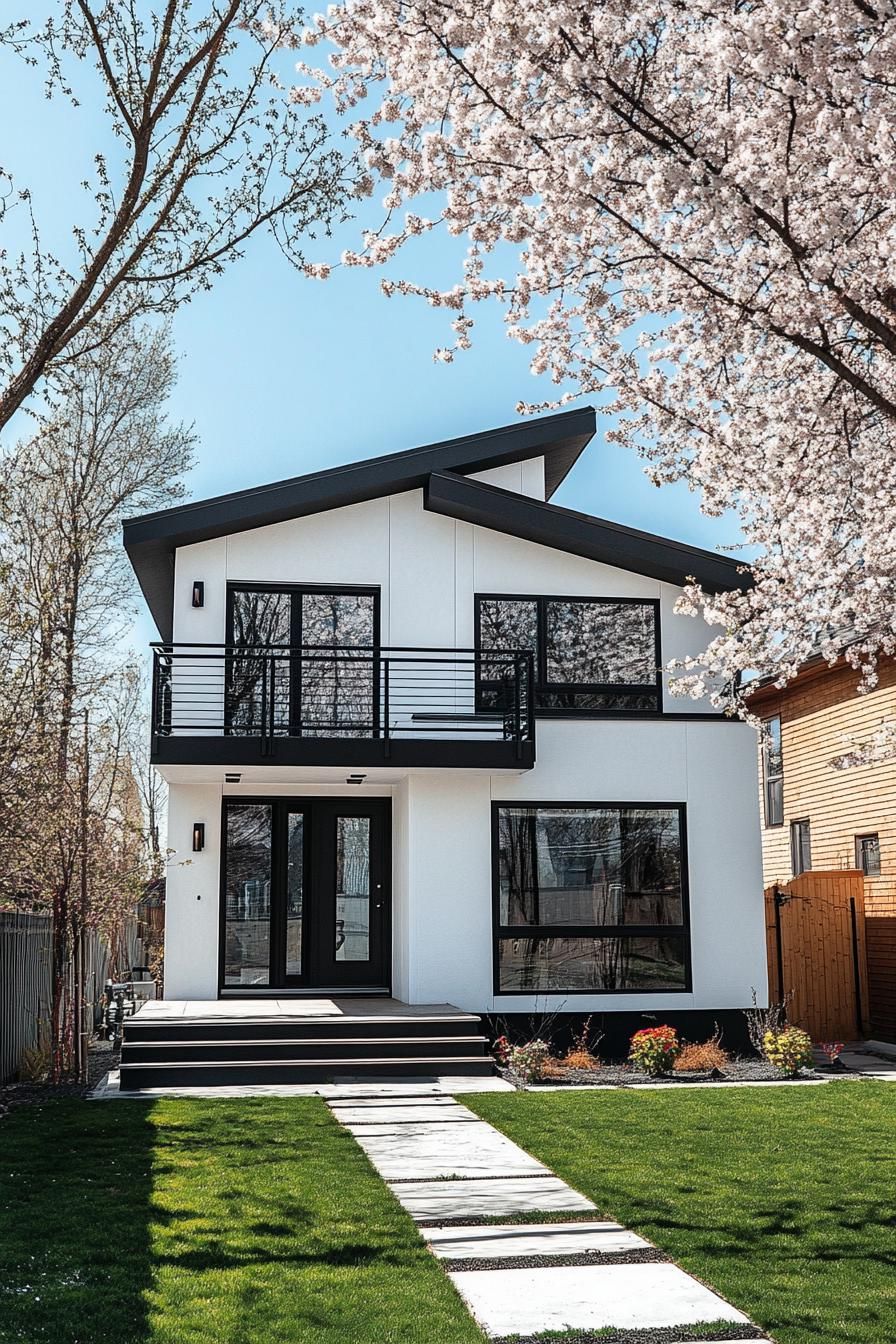 modern white stucco cottage house with black trim black multi pitched roof black metal balconies front yard with cherry trees 1