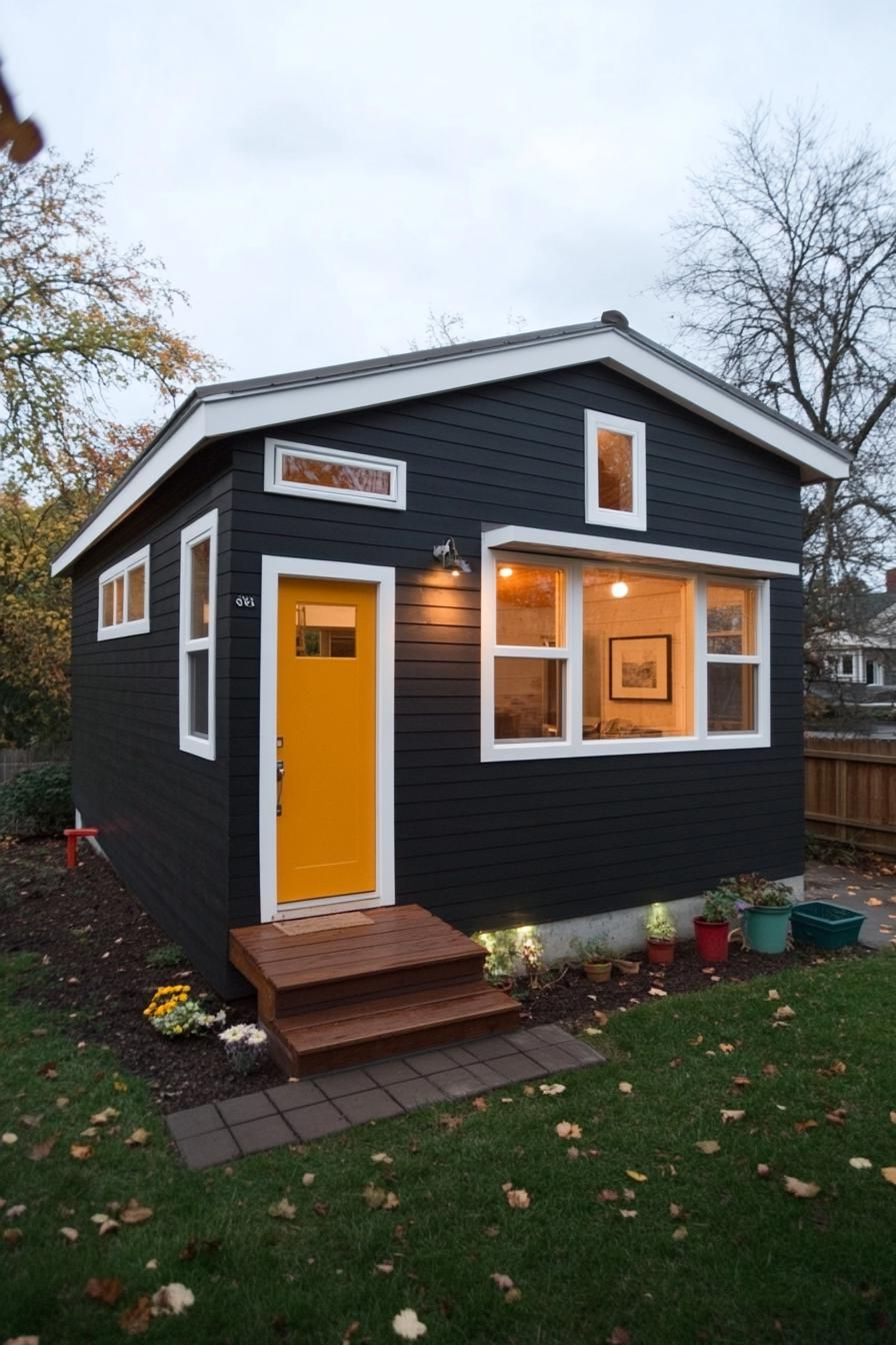 Tiny black shed house with bright yellow door